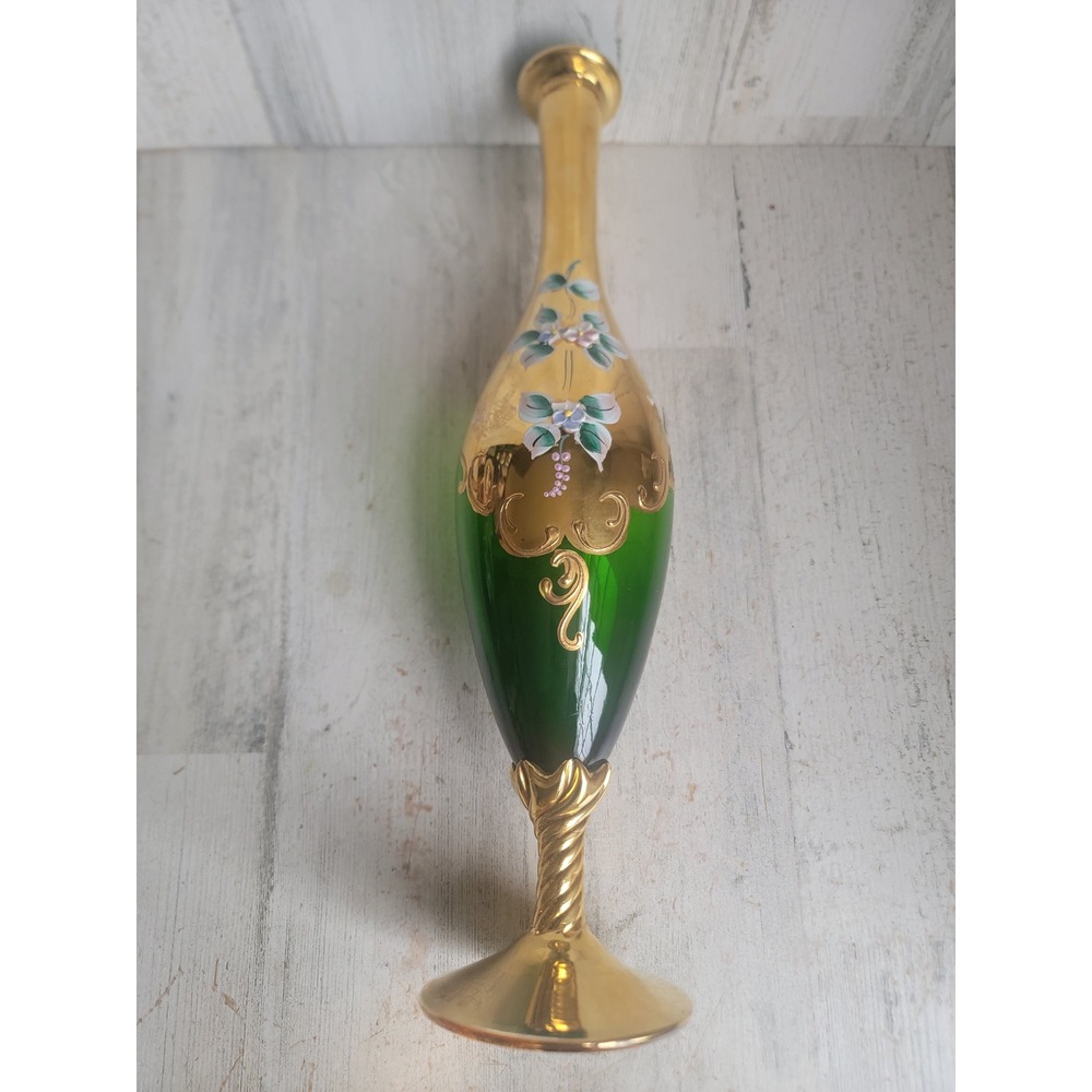 Vintage bohemian decanter‎ green tall vase gold rimmed flower unique home figure